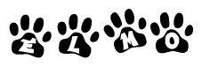 The image shows a row of animal paw prints, each containing a letter. The letters spell out the word Elmo within the paw prints.
