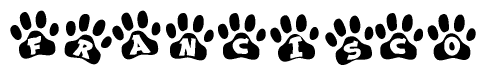 The image shows a series of animal paw prints arranged in a horizontal line. Each paw print contains a letter, and together they spell out the word Francisco.