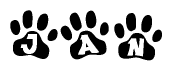The image shows a series of animal paw prints arranged horizontally. Within each paw print, there's a letter; together they spell Jan