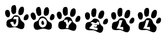 The image shows a series of animal paw prints arranged horizontally. Within each paw print, there's a letter; together they spell Joyell