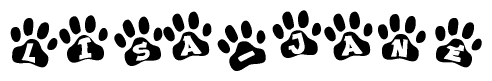 The image shows a row of animal paw prints, each containing a letter. The letters spell out the word Lisa-jane within the paw prints.
