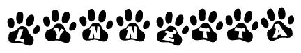 The image shows a row of animal paw prints, each containing a letter. The letters spell out the word Lynnetta within the paw prints.