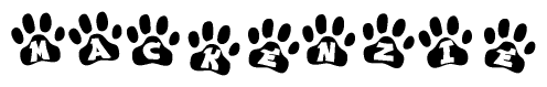 The image shows a series of animal paw prints arranged in a horizontal line. Each paw print contains a letter, and together they spell out the word Mackenzie.