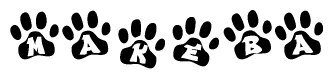 The image shows a row of animal paw prints, each containing a letter. The letters spell out the word Makeba within the paw prints.