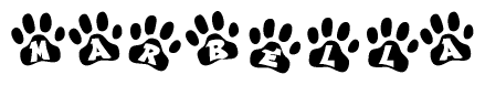 The image shows a row of animal paw prints, each containing a letter. The letters spell out the word Marbella within the paw prints.