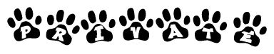 The image shows a series of animal paw prints arranged in a horizontal line. Each paw print contains a letter, and together they spell out the word Private.