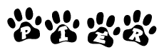 The image shows a series of animal paw prints arranged in a horizontal line. Each paw print contains a letter, and together they spell out the word Pier.