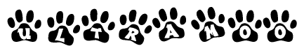 The image shows a series of animal paw prints arranged horizontally. Within each paw print, there's a letter; together they spell Ultramoo