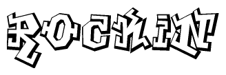 The clipart image depicts the word Rockin in a style reminiscent of graffiti. The letters are drawn in a bold, block-like script with sharp angles and a three-dimensional appearance.