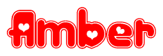 The image is a red and white graphic with the word Amber written in a decorative script. Each letter in  is contained within its own outlined bubble-like shape. Inside each letter, there is a white heart symbol.