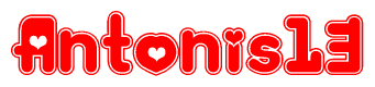 The image is a red and white graphic with the word Antonis13 written in a decorative script. Each letter in  is contained within its own outlined bubble-like shape. Inside each letter, there is a white heart symbol.
