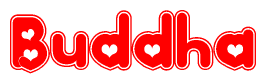 The image displays the word Buddha written in a stylized red font with hearts inside the letters.