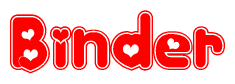 The image is a clipart featuring the word Binder written in a stylized font with a heart shape replacing inserted into the center of each letter. The color scheme of the text and hearts is red with a light outline.