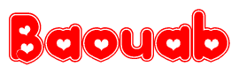 The image is a clipart featuring the word Baouab written in a stylized font with a heart shape replacing inserted into the center of each letter. The color scheme of the text and hearts is red with a light outline.