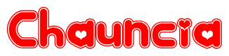 The image displays the word Chauncia written in a stylized red font with hearts inside the letters.