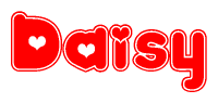 The image is a clipart featuring the word Daisy written in a stylized font with a heart shape replacing inserted into the center of each letter. The color scheme of the text and hearts is red with a light outline.