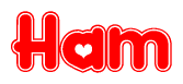The image is a red and white graphic with the word Ham written in a decorative script. Each letter in  is contained within its own outlined bubble-like shape. Inside each letter, there is a white heart symbol.