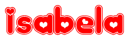 The image is a clipart featuring the word Isabela written in a stylized font with a heart shape replacing inserted into the center of each letter. The color scheme of the text and hearts is red with a light outline.