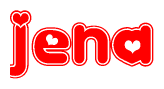 The image is a clipart featuring the word Jena written in a stylized font with a heart shape replacing inserted into the center of each letter. The color scheme of the text and hearts is red with a light outline.