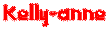 The image is a red and white graphic with the word Kelly-anne written in a decorative script. Each letter in  is contained within its own outlined bubble-like shape. Inside each letter, there is a white heart symbol.