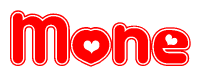The image is a clipart featuring the word Mone written in a stylized font with a heart shape replacing inserted into the center of each letter. The color scheme of the text and hearts is red with a light outline.