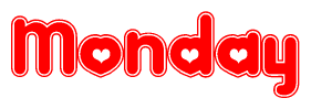 The image is a red and white graphic with the word Monday written in a decorative script. Each letter in  is contained within its own outlined bubble-like shape. Inside each letter, there is a white heart symbol.
