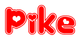 The image is a clipart featuring the word Pike written in a stylized font with a heart shape replacing inserted into the center of each letter. The color scheme of the text and hearts is red with a light outline.
