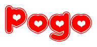 The image is a red and white graphic with the word Pogo written in a decorative script. Each letter in  is contained within its own outlined bubble-like shape. Inside each letter, there is a white heart symbol.