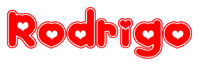 The image is a red and white graphic with the word Rodrigo written in a decorative script. Each letter in  is contained within its own outlined bubble-like shape. Inside each letter, there is a white heart symbol.