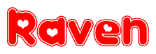 The image displays the word Raven written in a stylized red font with hearts inside the letters.