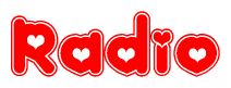 The image is a clipart featuring the word Radio written in a stylized font with a heart shape replacing inserted into the center of each letter. The color scheme of the text and hearts is red with a light outline.