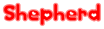 The image is a red and white graphic with the word Shepherd written in a decorative script. Each letter in  is contained within its own outlined bubble-like shape. Inside each letter, there is a white heart symbol.