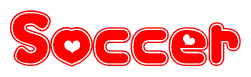 The image is a clipart featuring the word Soccer written in a stylized font with a heart shape replacing inserted into the center of each letter. The color scheme of the text and hearts is red with a light outline.