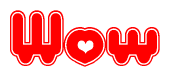 The image is a red and white graphic with the word Wow written in a decorative script. Each letter in  is contained within its own outlined bubble-like shape. Inside each letter, there is a white heart symbol.