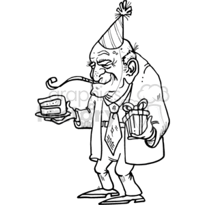 This black and white clipart image depicts an older gentleman, wearing a party hat, who appears to be a grandparent or senior citizen celebrating a birthday or anniversary. He is holding a piece of cake on a plate with one hand and a gift with the other. His attire is formal with a suit, tie, and a long coat, and he has a content expression, with his eyes closed as if he is savoring the moment. The image conveys themes of celebration, family, birthdays, anniversaries, and senior joy.