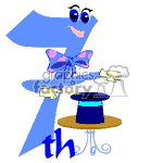 The clipart image features a cartoon-like character shaped like the number seven with a face, arms, and legs. The character is wearing a bow tie and is holding a wand. There is a magician's hat on a small round table next to the figure, and the letters th appear below the hat. This gives the impression that the character is part of a celebration related to a 7th birthday, possibly indicating a magician-themed birthday party.