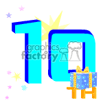 The clipart image features the number 10 in a large, bold font with a stylized appearance, accompanied by stars and a spark to give it a celebratory feel. In the foreground, there's a wrapped gift with a bow on a stool or small table, emphasizing the birthday theme.