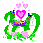 The image appears to be a clipart of two green, cartoonish figures, with happy facial expressions. They are holding a purple plate or platter or gift. Above the figures are several pink hearts of varying sizes, suggesting a celebratory or affectionate theme. Surrounding the creatures at the bottom of the image, there appear to be pink flowers with green leaves, likely signifying a festive or springtime atmosphere.