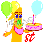 The clipart image depicts a cartoonish figure resembling a one-year-old with a binky in its mouth. The figure is holding two balloons, one green and one blue, and a birthday cake with a single lit candle on a plate in the other hand. There's a large 1st in red and orange colors, indicating the theme of a first birthday celebration.