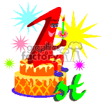 This clipart image features a first birthday celebration theme. It includes a large number 1 character with a face wearing a party hat and holding a noisemaker. The character is sitting on top of a layered birthday cake with icing details. Surrounding the character and the cake are various colorful fireworks or sparkles, often indicative of celebration. Below, the word st in green, suggests the abbreviation for first.