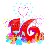 The clipart image displays the number 16th in bold and colorful text, suggesting the celebration of a 16th birthday. The graphic is adorned with flowers, stars, and other sparkles, creating a festive and joyful atmosphere. 