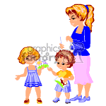 This clipart image depicts a woman standing and looking at two children. The child on the left appears to be a girl standing upright with her left hand extended holding flowers. The other child is slightly crouched forward, presenting a drawing or a piece of paper with their left hand towards the woman. The woman has her right arm extended towards the children, possibly reaching out to accept the items they are offering. The figures are stylized in a simplistic, cartoon-like manner.