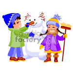 The clipart image depicts two children, a boy, and a girl, dressed in winter clothes, building a snowman together. The boy is wearing a green jacket and a blue winter hat, while the girl is dressed in a purple jacket and a blue winter hat with a purple rim. The boy appears to be adding a carrot as the snowman's nose, and the girl is holding a broom. The snowman has a happy expression, with a mouth made of small items resembling stones, and it wears a blue hat similar to the boy's. There are two black dots for the snowman's eyes and three black dots on its body.