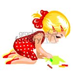 The image is a clipart depicting a little girl with blonde hair tied in a red hairband, wearing a red dress with white polka dots. She is kneeling on the ground, concentrating on drawing or coloring with markers on a piece of green paper. There are additional crayons or markers scattered around her on the floor.