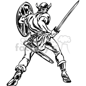 The image is a black and white clipart depicting a muscular Viking warrior. This character is equipped with a horned helmet, a shield in one arm, and a long sword in the other hand. He appears to be in a striking or battle stance, with one leg forward, suggesting movement or preparation for combat.