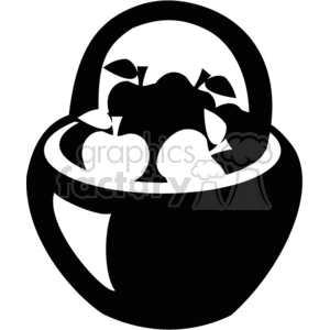 This clipart image shows a stylized silhouette of a basket full of apples. The apples are depicted with visible leafy stems and are placed within the basket in a way that suggests a bountiful harvest. The image is designed in a high-contrast, black and white style, making it suitable for vinyl-ready applications and signage.