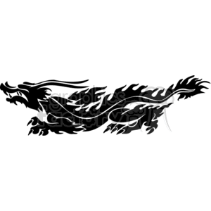 The clipart image displays a stylized black dragon with its body, tail, wings, and flames designed in a tribal tattoo art-style. It appears to be a single-color vector design, suitable for vinyl cutting or use in signage due to its clean lines and high contrast.