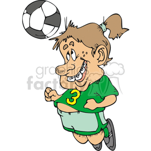 Young girl head butting a soccer ball.