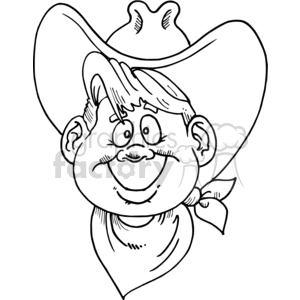 The clipart image depicts one western cowboy kid, a boy, dressed in traditional cowboy attire including hats, and bandanas. The image is in black and white, and it has a cartoonish style.