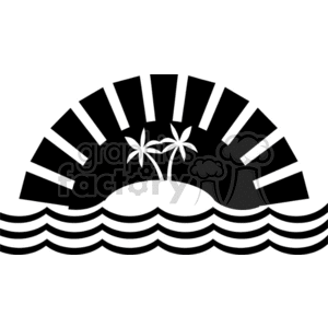 The clipart image shows a black and white vector design of a tropical island beach with palm trees, waves, and a sun in the background. It is a vinyl-ready image suitable for use as a logo or design element related to travel, vacations, or fun in the sun.
